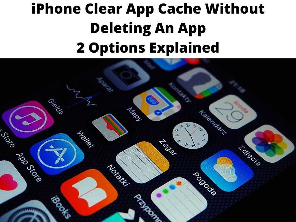  A screenshot of an iPhone with the home screen showing various apps. The text overlay reads: 'iPhone Clear App Cache Without Deleting An App - 2 Options Explained'.